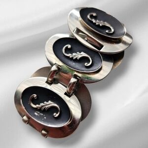 Vintage Silver Tone Black Enamel Scroll Panel Link Bold Bracelet Wide Statement